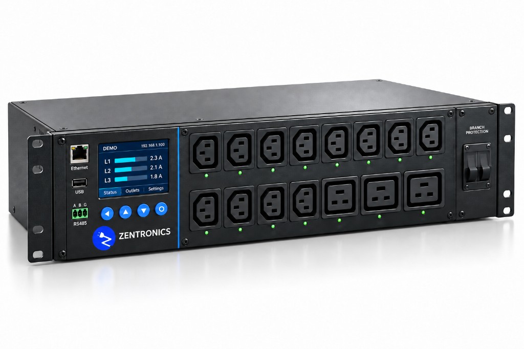 2U 16-outlet AC PDU with three-phase display and branch protection