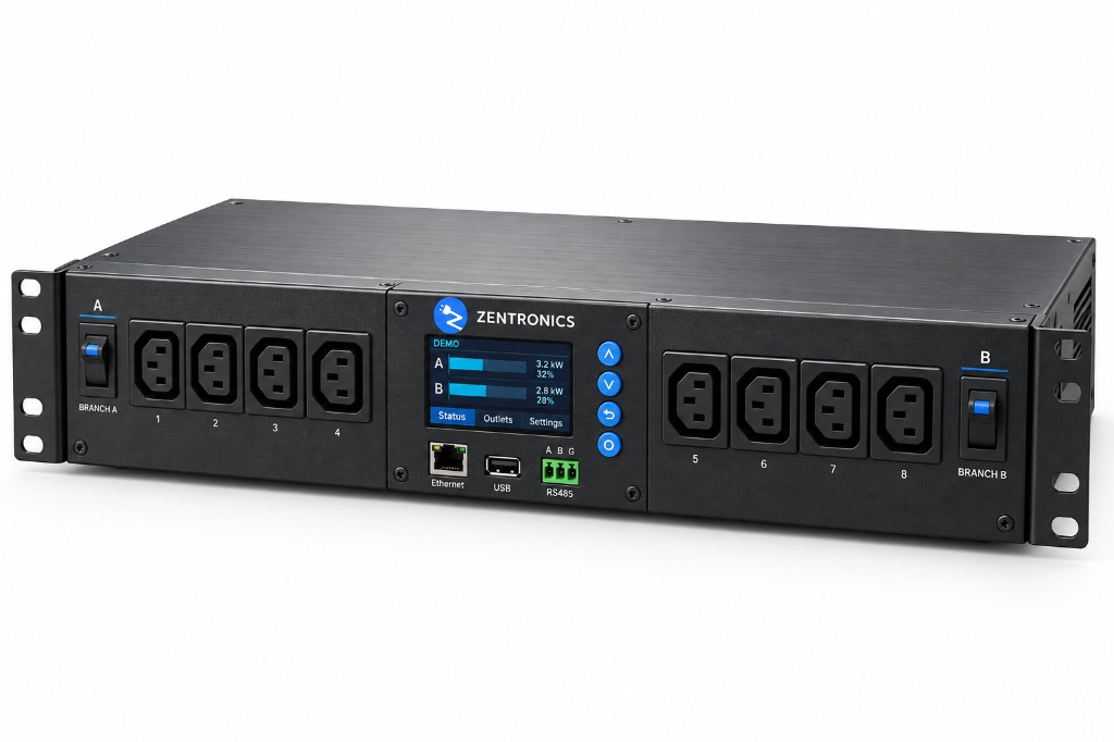 2U dual-branch AC PDU with Branch A + Branch B split layout