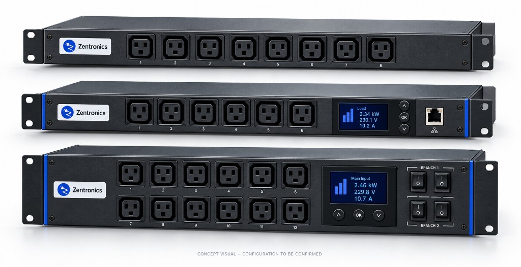 Zentronics AC PDU concept lineup — 1U basic, 1U metered, 2U branch-protected