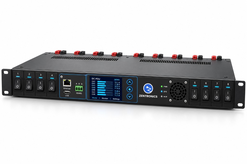 1U horizontal DC PDU with 8 branches and top-mounted DC binding posts