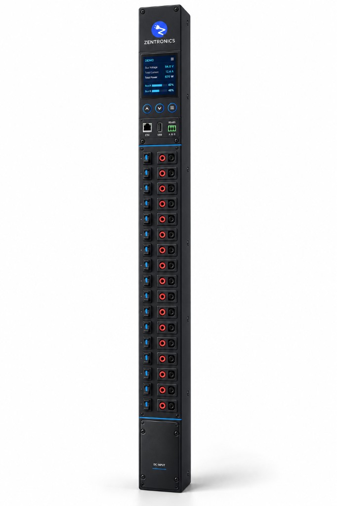 0U vertical DC PDU with per-bus voltage and current telemetry