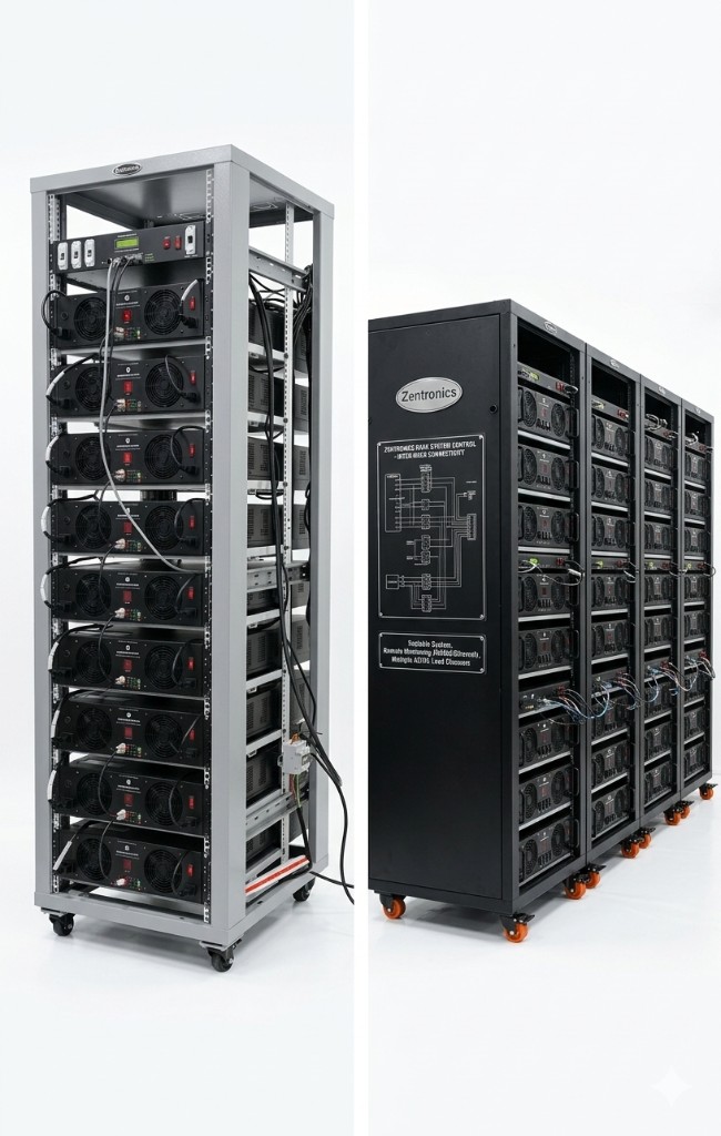 Zentronics rack-integrated load bank and multi-cabinet system with rack-system control
